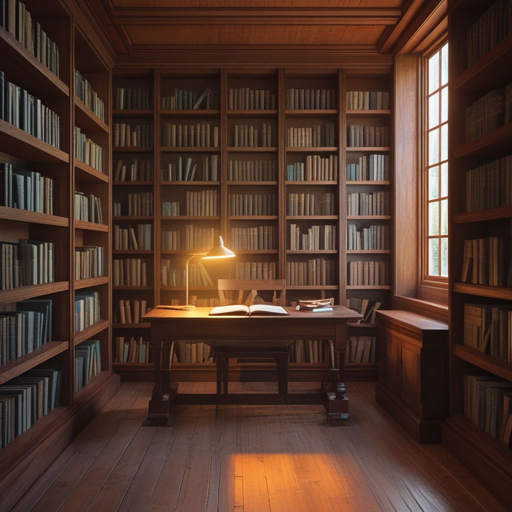 Interior of a quiet study room with wooden bookshelves filled with books, a large wooden desk with an open book and a small lamp, warm amber light creating a scholarly and serene atmosphere