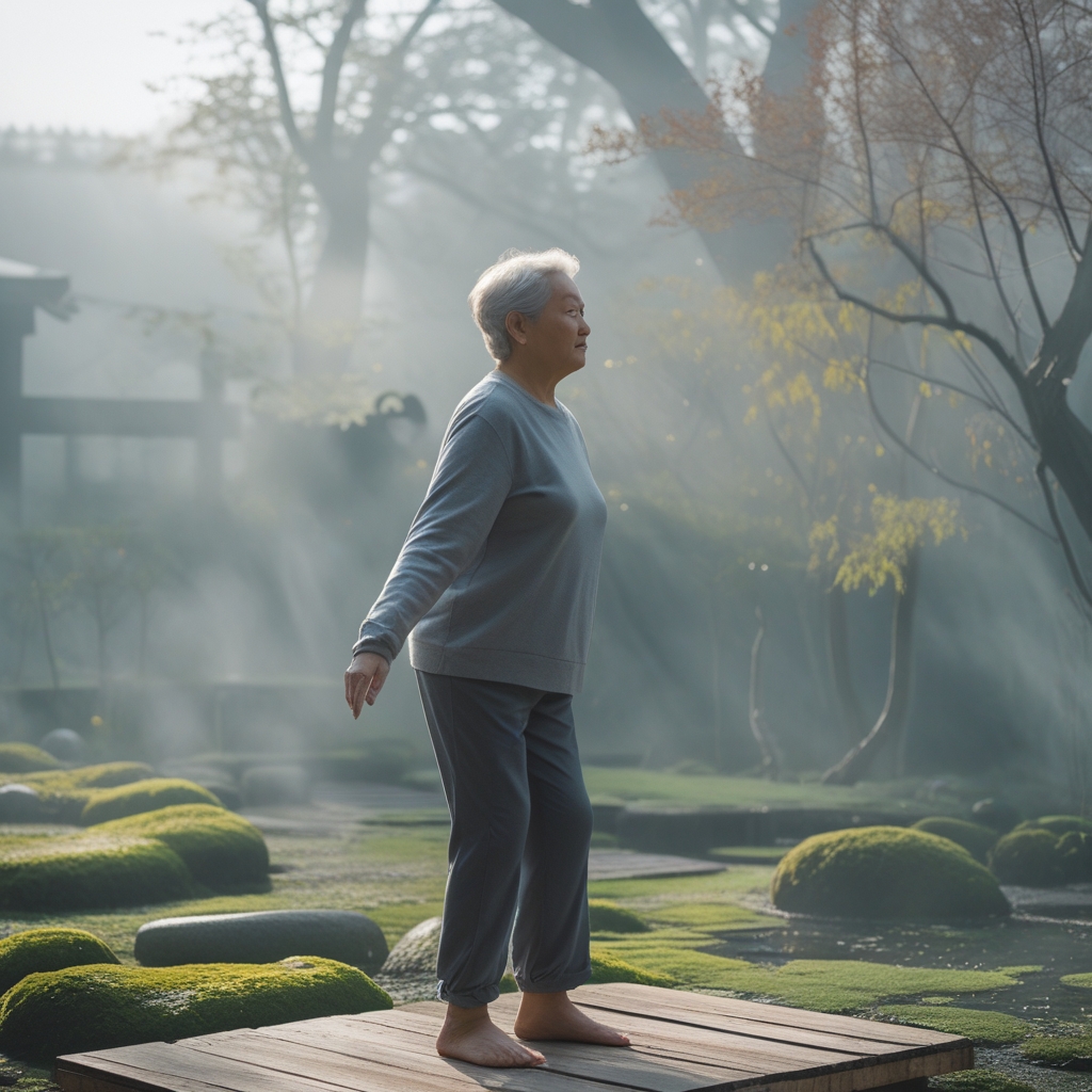 A serene outdoor scene with a person in their 60s doing gentle balance exercises on a wooden platform surrounded by a peaceful Japanese garden with moss-covered stones and soft morning mist