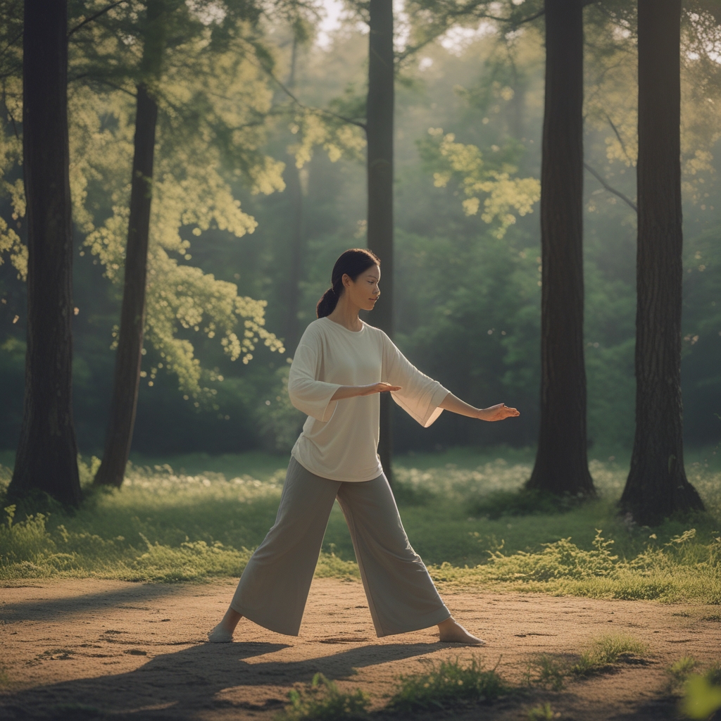Person performing a slow, graceful tai chi stance in a peaceful forest clearing with dappled morning light filtering through tall trees, green foliage in the background, person wearing comfortable loose clothing, focused and calm posture