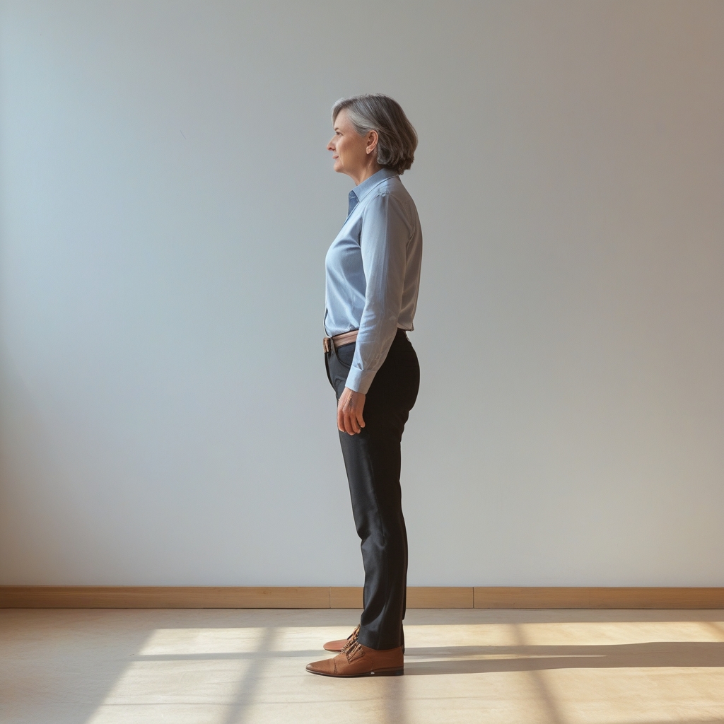 Side view of a person in their 50s standing upright in correct postural alignment against a plain light wall, natural side lighting revealing clean body lines and vertical axis